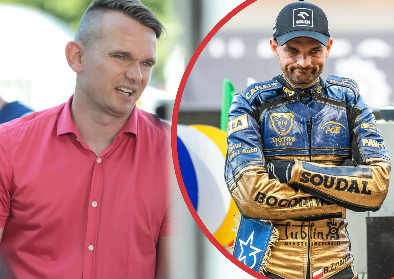 Krzysztof Cegielski śmieje się z milionerów. Podał szokujące dane dotyczące Motoru Lublin. Mina Bartosza Zmarzlika mówi wszystko. Po lewej stronie mężczyzna w różowej koszuli stoi na zewnątrz, po prawej znajduje się sportowiec w złoto-granatowym kombinezonie wyścigowym z logotypami sponsorów i czapką z daszkiem, uśmiechnięty.