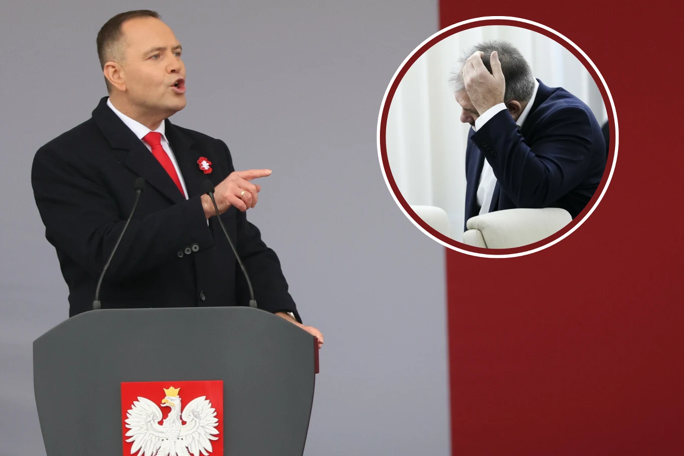 Na zdjęciu Karol Nawrocki i Waldemar Żurek Mężczyzna w garniturze przemawia z mównicy udekorowanej polskim godłem, w tle w okrągłym wyodrębnieniu widoczny drugi mężczyzna pochylony w geście sugerującym zamyślenie lub niepokój, na tle biało-czerwonym.