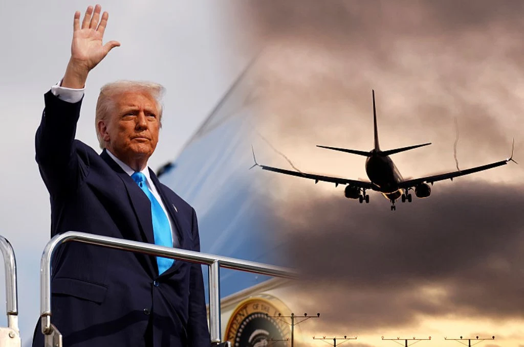 Mężczyzna w garniturze i z niebieskim krawatem stojący przy schodach samolotu, unoszący rękę w geście powitania, po lewej stronie zdjęcia; po prawej stronie sylwetka samolotu pasażerskiego zniżającego się do lądowania na tle dramatycznego, pochmurnego ...