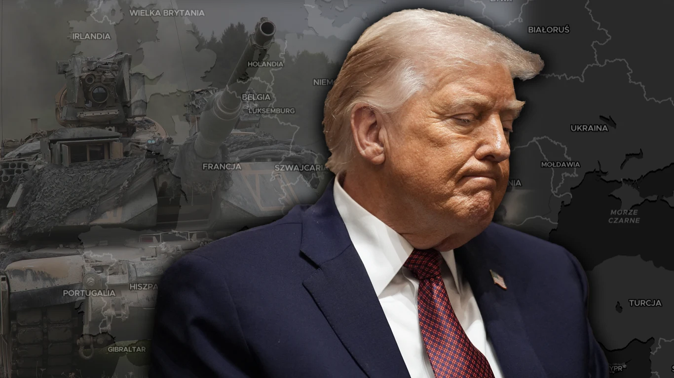 Europa zmuszona do nowej strategii bezpieczeństwa Donald Trump w garniturze na pierwszym planie z poważnym wyrazem twarzy, w tle mapa Europy z zaznaczonymi krajami oraz sylwetka czołgu, symbolizująca kontekst militarny lub konflikt.