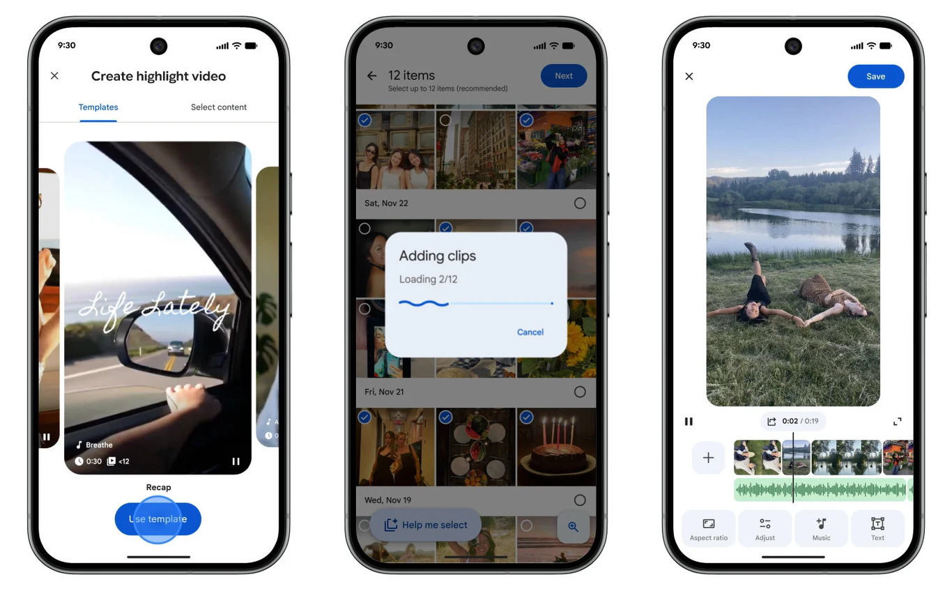 Trzy smartfony z wyświetlonymi aplikacjami do edycji i montażu wideo, widok przewijanych zdjęć oraz podgląd tworzonych klipów wideo. Po prawej stronie widoczny kadr z osobami leżącymi na trawie nad jeziorem.