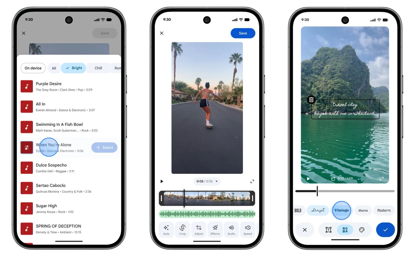 Trzy smartfony pokazujące różne ekrany aplikacji do edycji wideo: wybór utworu muzycznego, edycję wideo z osobą jeżdżącą na deskorolce wśród palm oraz edycję napisu na tle krajobrazu z jeziorem i górami.