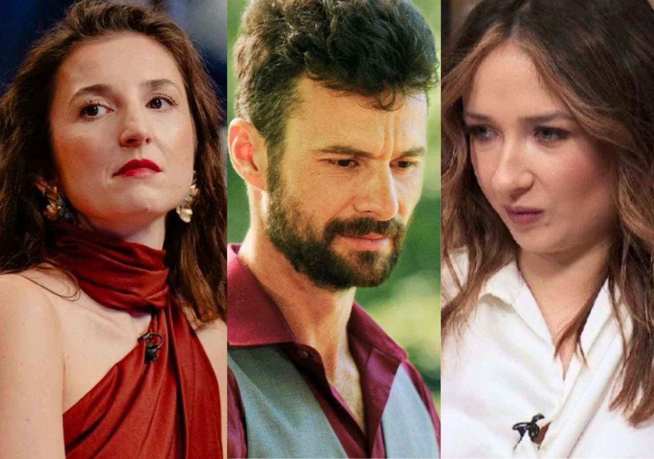 Trzy wyraziste portrety dorosłych osób ustawionych obok siebie na podzielonym kadrze, każda z nich z innym wyrazem twarzy; kobieta w bordowej sukience patrzy poważnie w lewą stronę, mężczyzna z brodą w bordowej koszuli patrzy w dół, a kobieta w białej ...