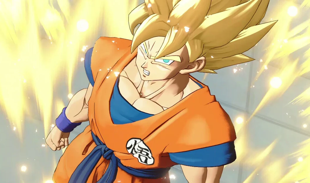 Okazało się, że złota poświata towarzysząca przemianie Goku do formy Super Saiyanina obecna jest także u innych gatunków Postać z żółtymi, stojącymi włosami w pomarańczowo-niebieskim stroju, otoczona jasnymi promieniami energii, z intensywnym wyrazem twarzy.