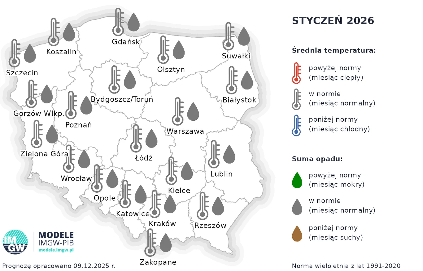 W styczniu zarówno opady jak i temperatury będą typowe dla tego miesiąca - prognozuje IMGW Mapa Polski z prognozami pogody na styczeń 2026 z zaznaczeniem średnich temperatur i sumy opadów w różnych regionach, użycie ikon do oznaczenia poziomu temperatury i opadów, legenda po prawej stronie.