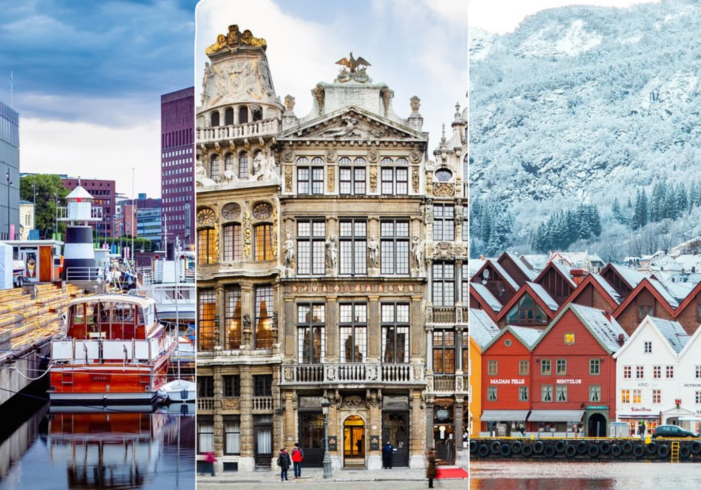 Trzy nowe kierunki z lotniska w Gdańsku: Bruksela, Oslo i Bergen. PLL LOT uruchomił już sprzedaż biletów. Widok trzech europejskich miast podzielony na sekcje ukazuje nowoczesną marinę z łodziami i wysokimi budynkami, zabytkową kamienicę o bogatej architekturze oraz rząd czerwonych, tradycyjnych domów na tle ośnieżonych wzgórz.