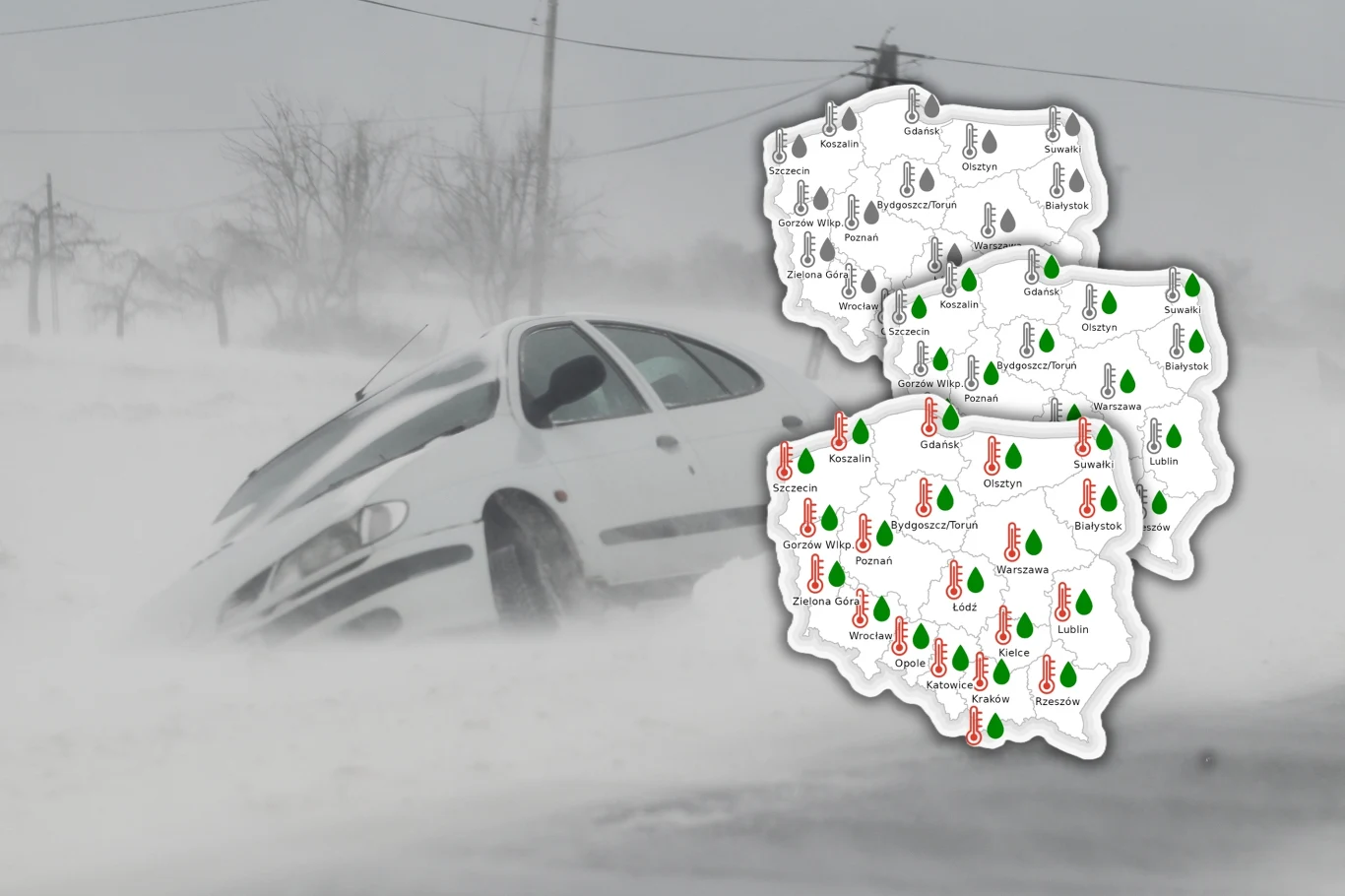 Możliwe, że w styczniu i lutym czeka nas prawdziwa zima - wynika z prognozy długoterminowej IMGW. Wiosną zrobi się bardziej deszczowo. Zdjęcie w tle ilustracyjne Samochód częściowo utopiony w zaspie śnieżnej na tle zamieci, obok widoczne dwie mapy Polski z ikonami pogodowymi przedstawiającymi alerty i prognozy dla różnych regionów.