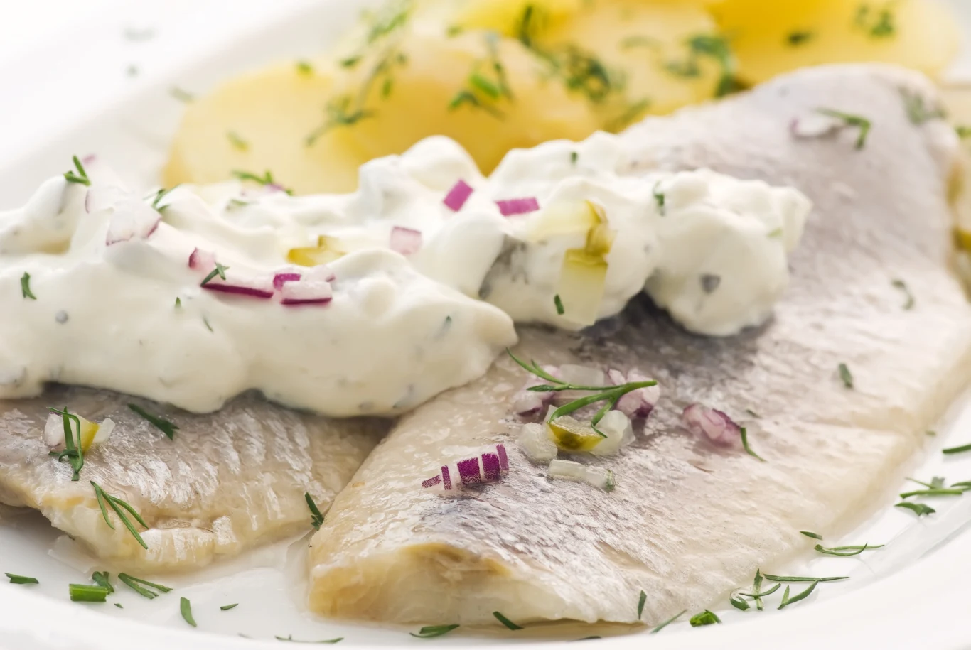 Śledź to "najszczęśliwsza" ryba w karnawale. Uważaj jednak na jeden szczegół Filety śledziowe podane z ziemniakami, udekorowane koperkiem oraz posiekanymi kawałkami czerwonej cebuli i ogórka w sosie śmietanowym.