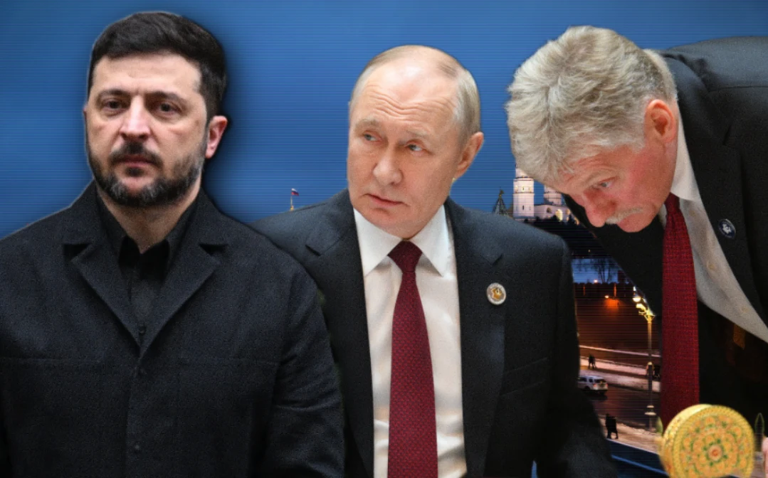 Kreml odpowiedział na oświadczenie Wołodymyra Zełenskiego Trzech mężczyzn w garniturach, na pierwszym planie widoczne poważne wyrazy twarzy. W tle panorama nocna z oświetlonym budynkiem.