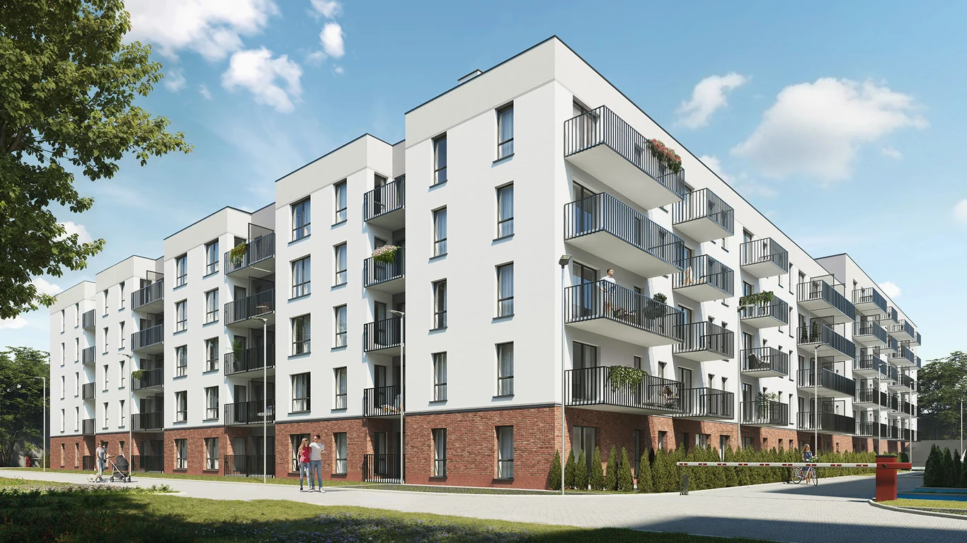Nowoczesny, wielopiętrowy blok mieszkalny z białą elewacją i licznymi balkonami, stojący na zadbanym terenie z zielenią oraz alejkami spacerowymi. Przed budynkiem widoczne są osoby poruszające się pieszo oraz rowerzyści.