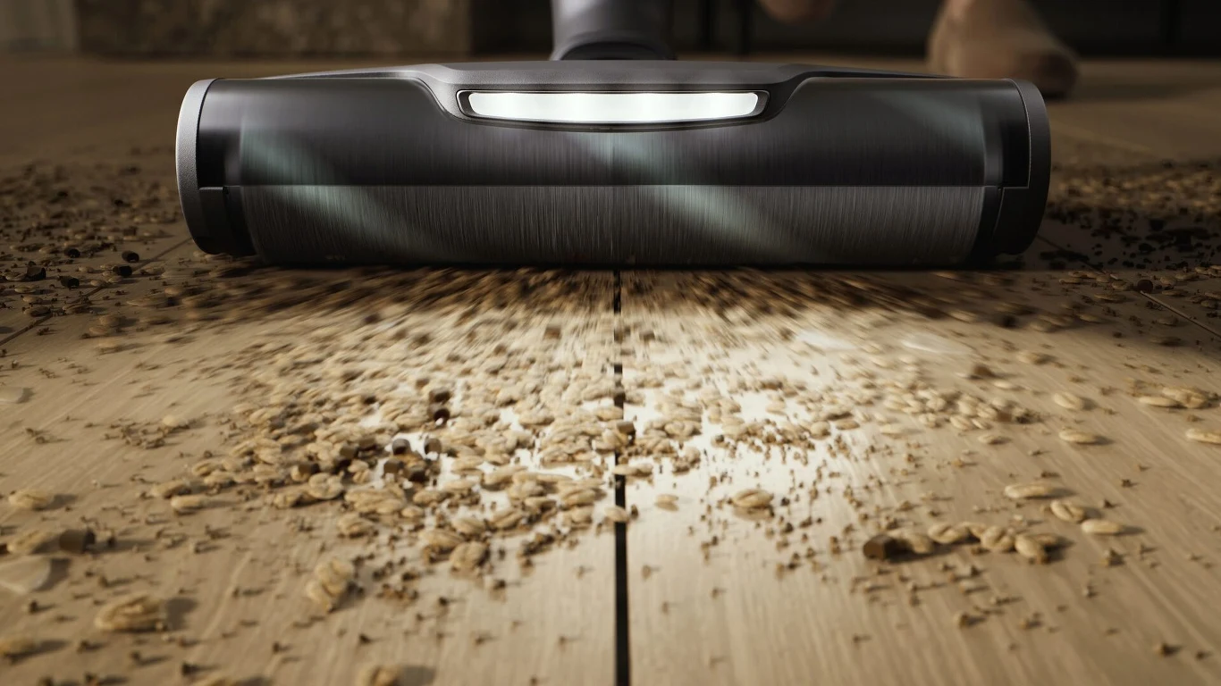 Maksymalna wydajność odkurzania w zaledwie dwóch ruchach — nic tak nie wciąga jak Electrolux Odkurzacz zbliżeniowy usuwa okruchy z drewnianej podłogi, światło LED podkreśla czystość i skuteczność sprzątania, w tle widoczne stopy osoby obsługującej urządzenie.