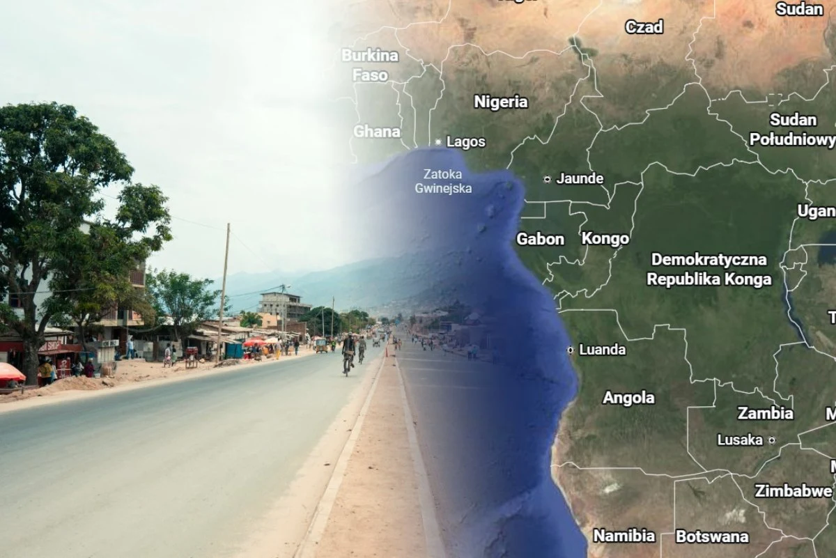 Demokratyczna Republika Konga. Rebelianci ruchu 23 Marca wkroczyli do miasta Uvira Po lewej stronie widoczna szeroka ulica afrykańskiego miasta z zabudową, drzewami oraz spacerującymi i jadącymi rowerami ludźmi, prawa strona to mapa Afryki Środkowej z wyraźnie oznaczonymi granicami państw.