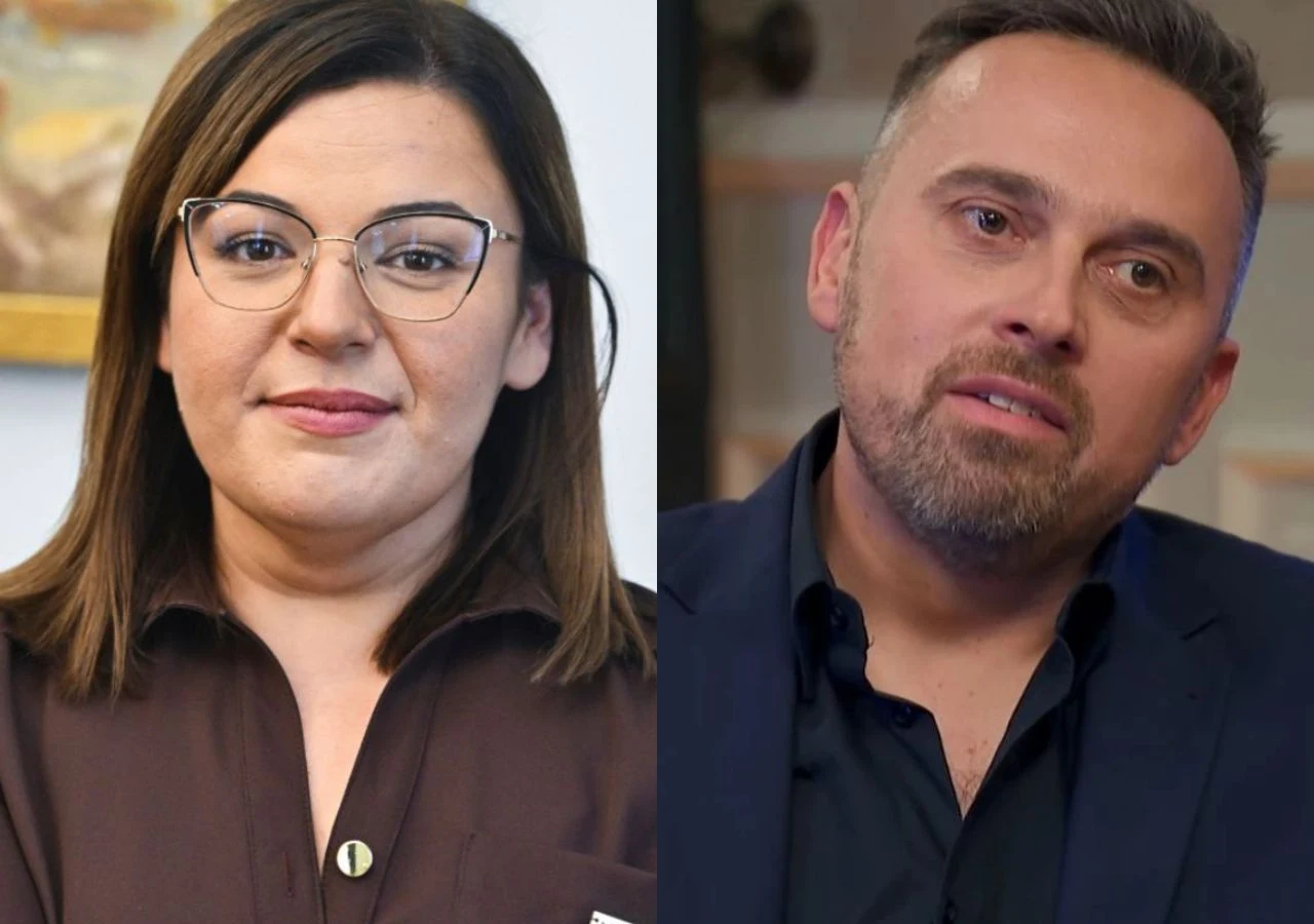 Rolnik szuka żony, Basia i Mateusz Zbliżenia dwóch dorosłych osób, kobiety i mężczyzny, ustawionych obok siebie w kadrze podzielonym na pół. Kobieta nosi okulary i brązową koszulę, mężczyzna ma zarost oraz ubrany jest w ciemną koszulę. Tło rozmyte, neutralne.