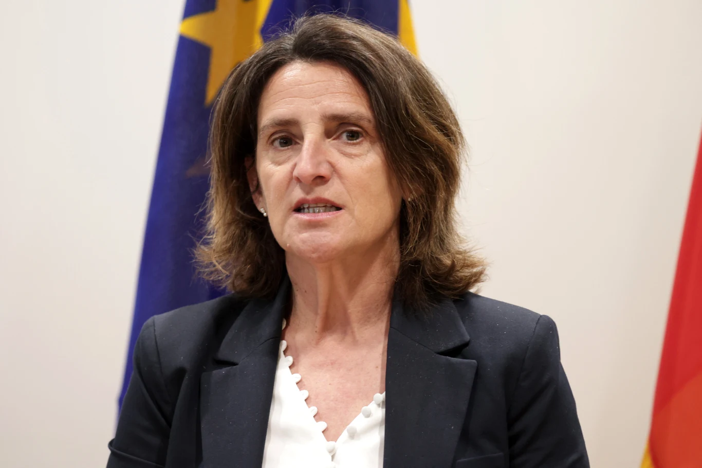 Energia w UE będzie czystsza i tańsza - deklaruje wiceprzewodnicząca KE ds. transformacji energetycznej Kobieta w średnim wieku w eleganckiej marynarce stoi na tle flag w pomieszczeniu o neutralnym kolorze ścian.