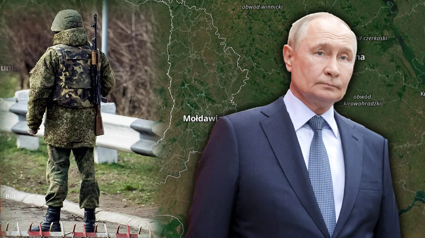 Rosja rozpoczyna militaryzację Naddniestrza Rosyjski żołnierz stojący tyłem z karabinem na poboczu drogi, obok mapy prezentującej granice Mołdawii. Obok postać Władimira Putina ubrana w garnitur i krawat.