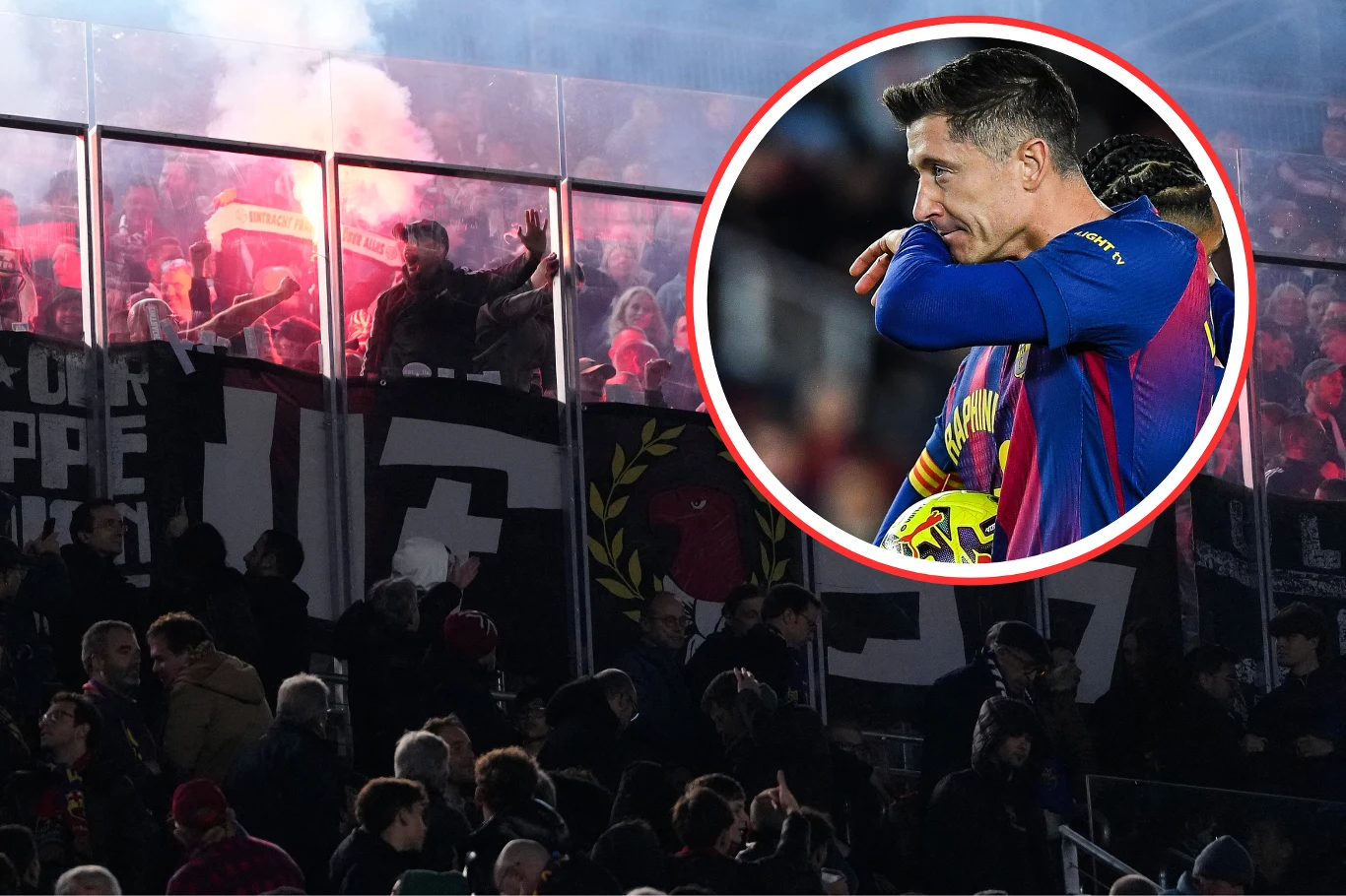 Eintracht może zostać ukarany po meczu z FC Barcelona Tłum kibiców podczas meczu piłkarskiego, w tle unoszący się dym z rac i rozświetlona trybuna, na pierwszym planie wstawka z piłkarzem w stroju meczowym, trzymającym dłoń przy twarzy.