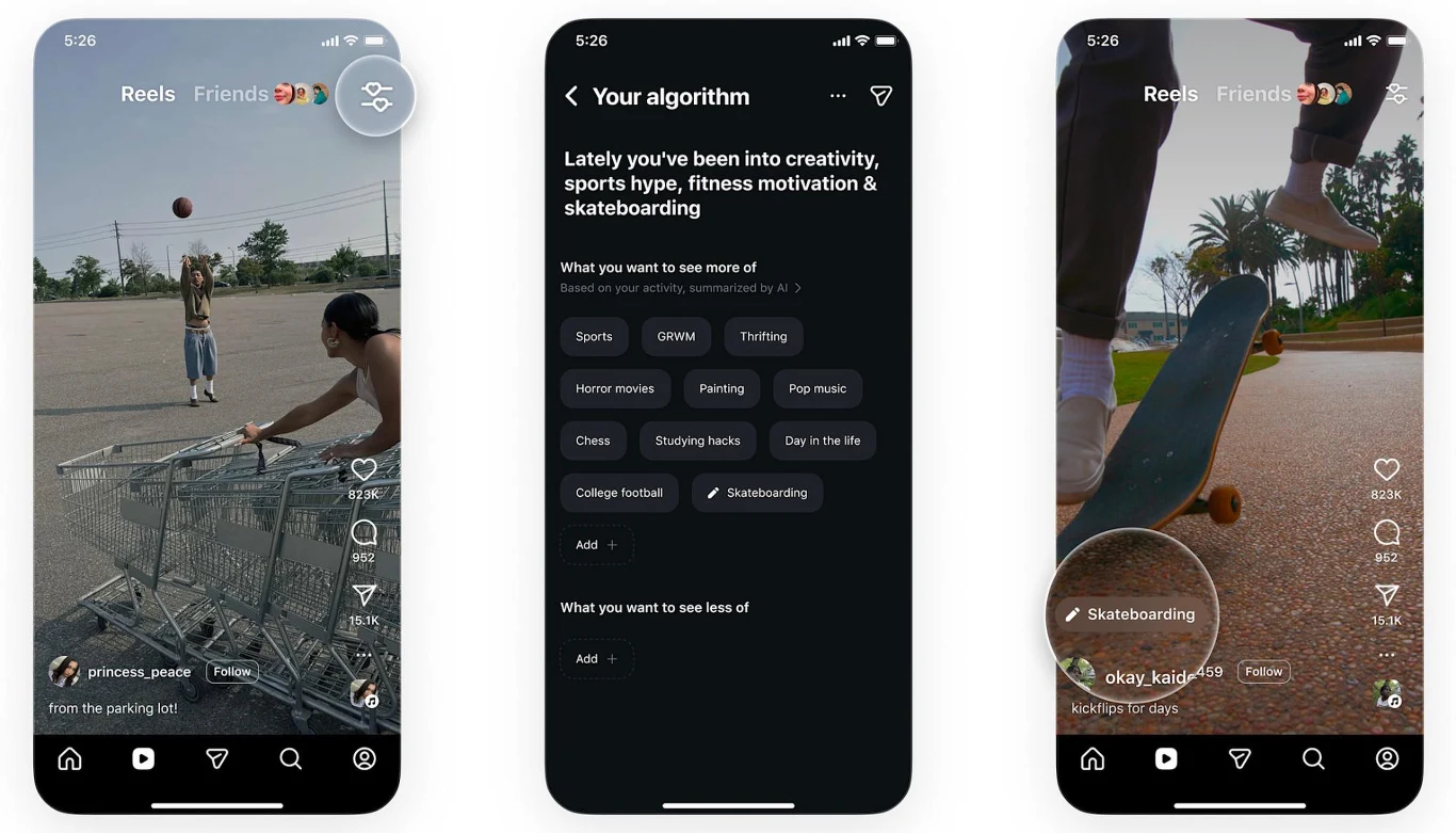Trzy ekrany smartfona z interfejsem aplikacji społecznościowej, po lewej osoba z koszykiem sklepowym na asfaltowym boisku, w środku ustawienia algorytmu z wyborem zainteresowań, po prawej jazda na deskorolce w słonecznym plenerze.