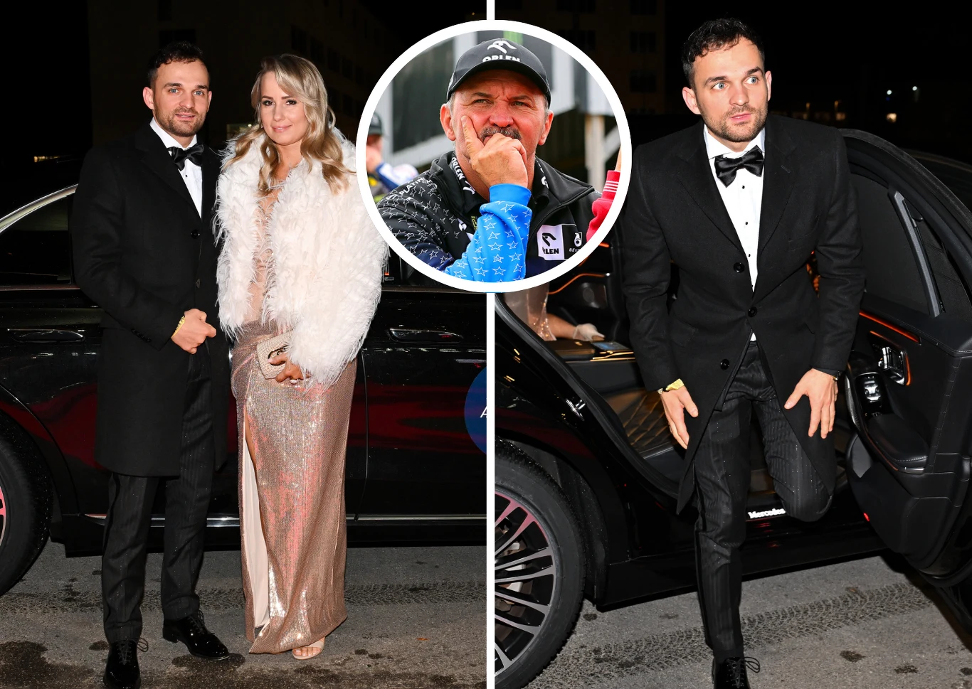 Tata Zmarzlika oficjalnie to ogłosił. Przerwał milczenie tuż przed prestiżową galą Mężczyzna w smokingu wysiadający z luksusowego samochodu, obok niego elegancko ubrana kobieta w długiej, błyszczącej sukni i białym futrze; w okrągłym wstawionym fragmencie starszy mężczyzna w kaszkiecie patrzy zamyślony.