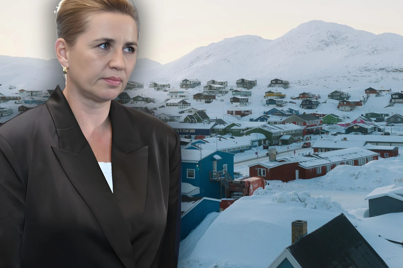 W kontekście sporu o Grenlandię duński wywiad uznał USA za "potencjalne zagrożenie" Kobieta w ciemnym żakiecie stoi na tle zimowego miasteczka z kolorowymi domami, otoczonego zaśnieżonymi wzgórzami.