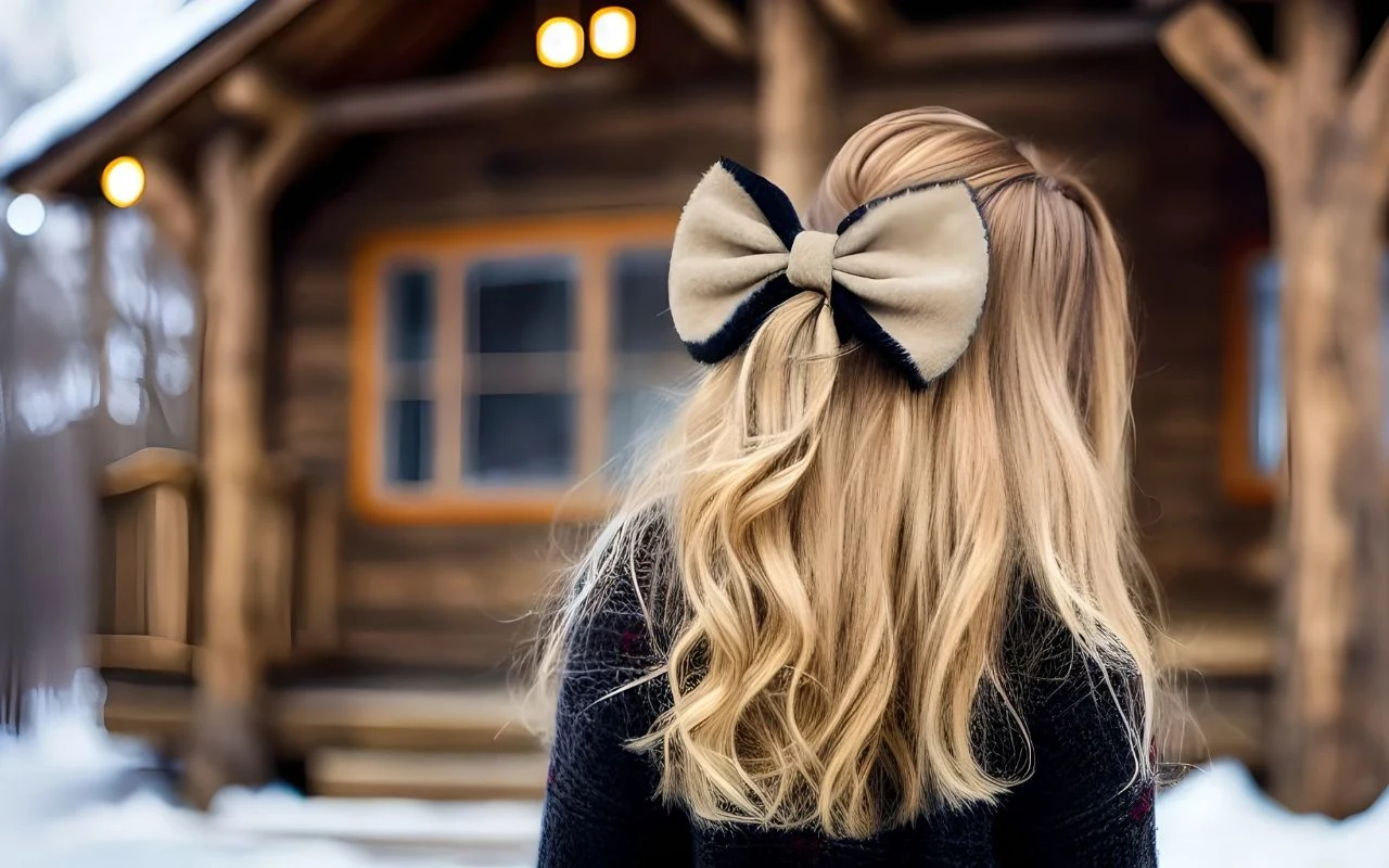 Dziewczyna o blond włosach ozdobionych dużą, beżową kokardą stoi tyłem, patrząc w stronę drewnianego domu. W tle widoczne są śnieg oraz ciepłe światło lamp przy wejściu do budynku.