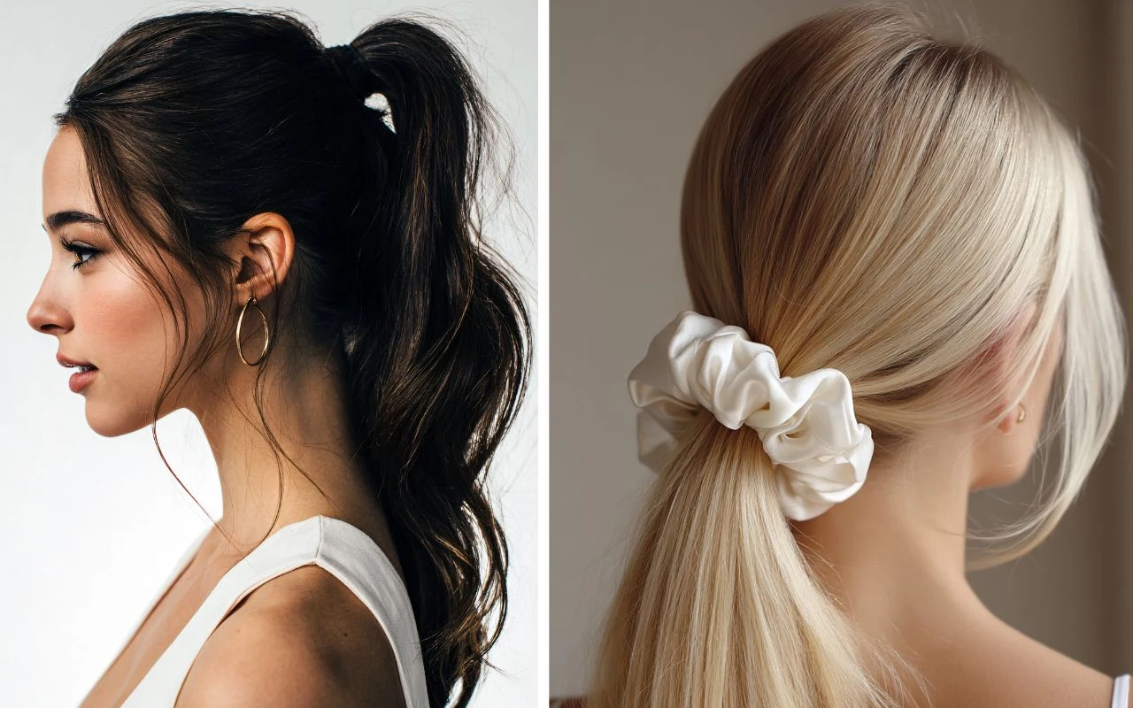 Dwie kobiety z długimi włosami spiętymi w kucyki, po lewej ciemne włosy związane prostą gumką, po prawej jasne włosy spięte ozdobną białą frotką, obie ubrane w jasne topy.