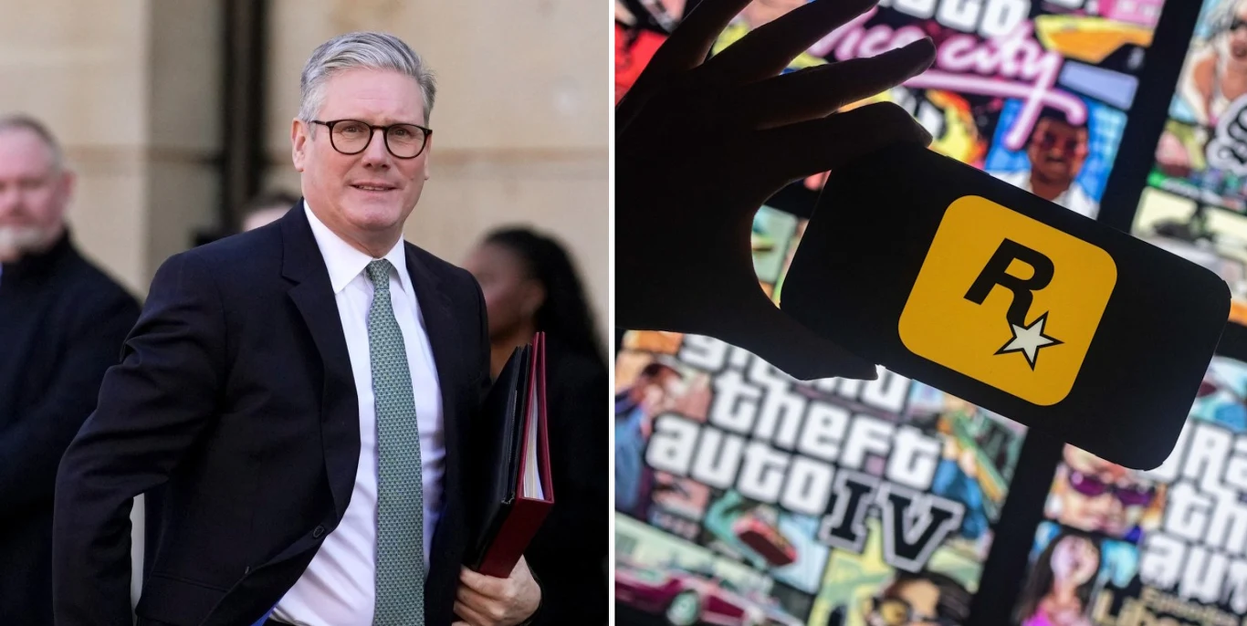 Premier Wielkiej Brytanii adresuje temat masowych zwolnień w Rockstar Games Po lewej stronie mężczyzna w okularach w garniturze trzymający teczkę na tle budynku, po prawej dłoń trzymająca przedmiot z logo Rockstar Games na tle ekranów przedstawiających gry komputerowe serii Grand Theft Auto.