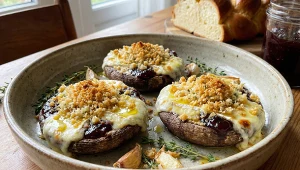 Portobello z camembertem i powidłami – pod chałkową kruszonką. Autorska propozycja Bogumiła Przybylaka