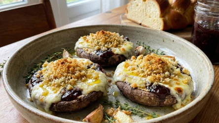 ​Portobello z camembertem i powidłami – pod chałkową kruszonką. Autorska propozycja Bogumiła Przybylaka