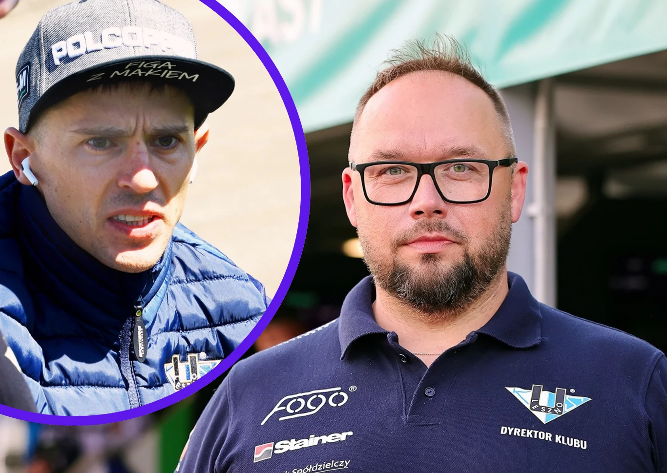 Grzegorz Zengota musi pogodzić się z odejściem Sławomira Kryjoma Dwie osoby związane z klubem sportowym, po lewej mężczyzna w sportowej kurtce i czapce z daszkiem, po prawej mężczyzna w okularach i koszulce z logo klubu i napisem dyrektor klubu. Tło rozmyte, element zadaszenia lub namiotu.