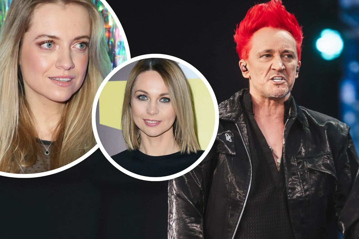 Sasha Strunin, Magdalena Tul i Michał Wiśniewski zabrali głos ws. decyzji TVP o Eurowizji 2026 Trzy osoby, dwie kobiety widoczne w okrągłych ramkach oraz mężczyzna z jaskrawoczerwonymi włosami i skórzaną kurtką, stojący na scenie.