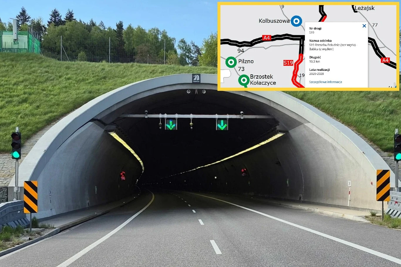 Pod Lutoryżem na Podkarpaciu wydrążono pierwszą nitkę tunelu w ciągu drogi Via Carpatia. Zdjęcie poglądowe Tunel drogowy o betonowych ścianach z widoczną sygnalizacją świetlną oraz oznaczeniami nad wjazdem, otoczony zielonym nasypem i lasem w tle, w prawym górnym rogu umieszczono fragment mapy lokalizujący tunel w Polsce.