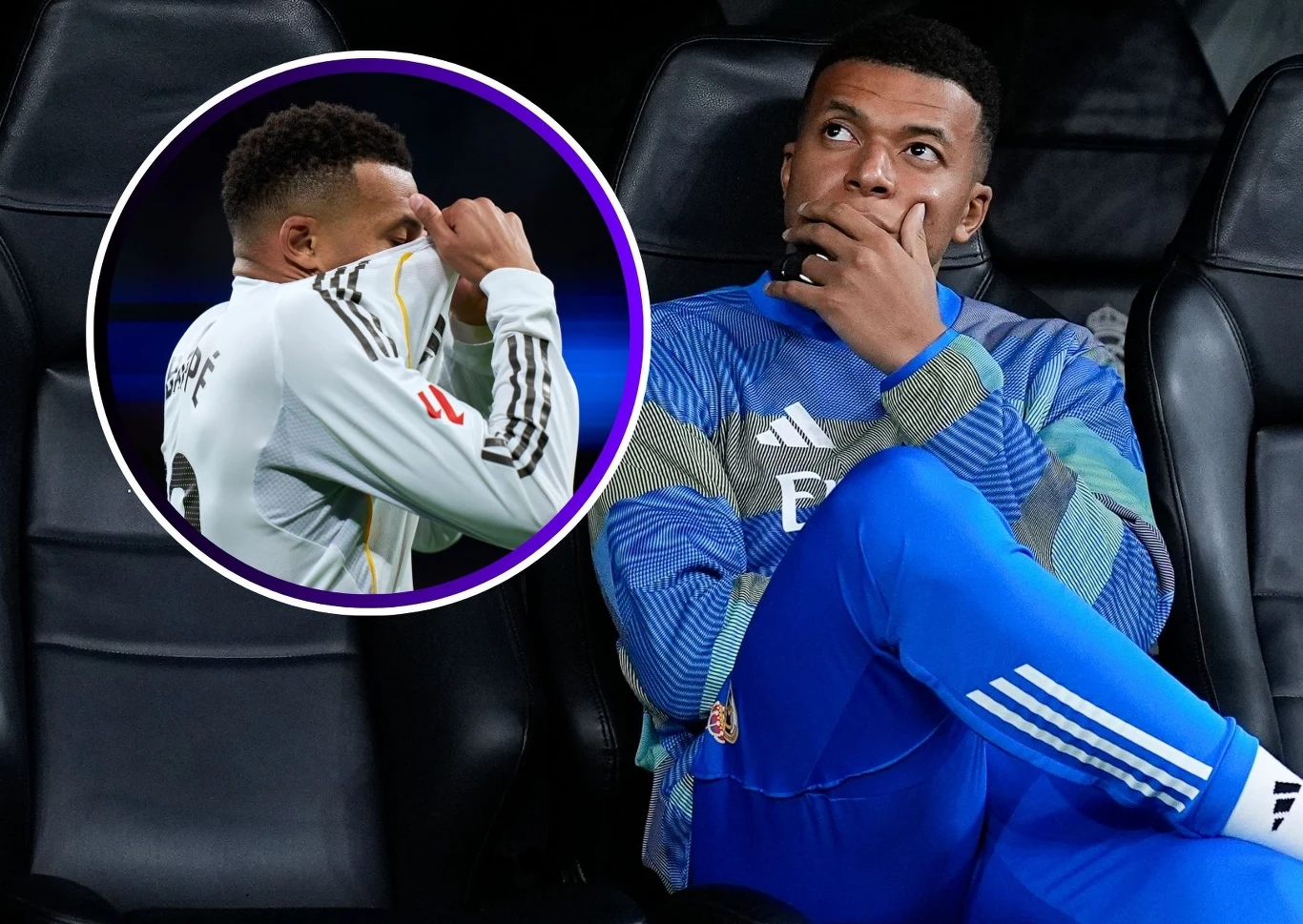 Kylian Mbappe boryka się z kontuzją. Jest gorzej niż pierwotnie zakładano Piłkarz w stroju sportowym siedzi na ławce rezerwowych z zamyśloną miną, mając rękę przy ustach; w okrągłym wstawieniu inny kadr tego samego zawodnika podczas gry, z koszulką uniesioną do twarzy.