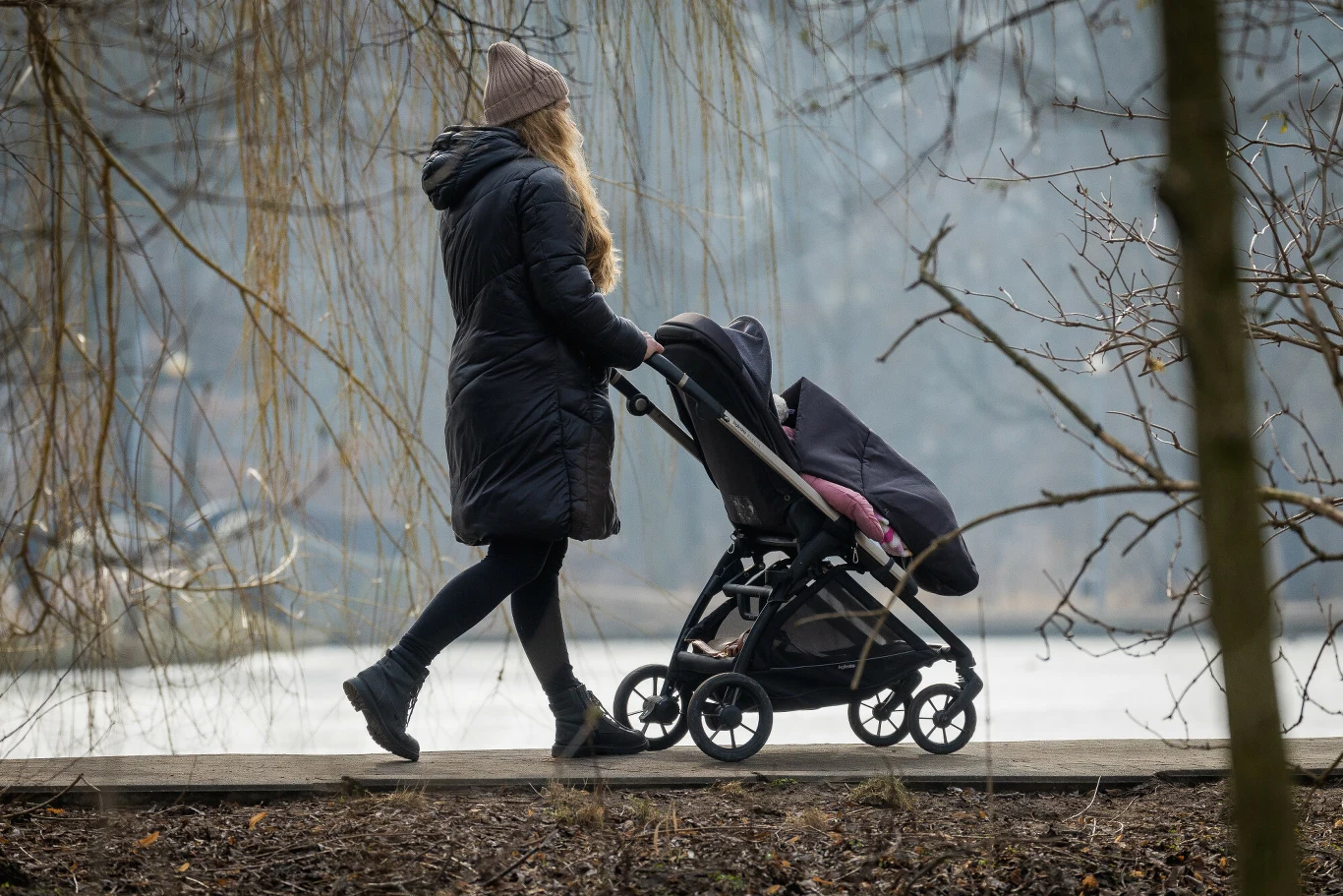 ZUS żąda zwrotu zasiłków od przedsiębiorczych matek (zdj. ilustracyjne) Kobieta ubrana w zimową kurtkę i czapkę spaceruje z wózkiem dziecięcym po drewnianej ścieżce w parku, wokół bezlistne gałęzie drzew i zimowy krajobraz, w tle widoczne jezioro.