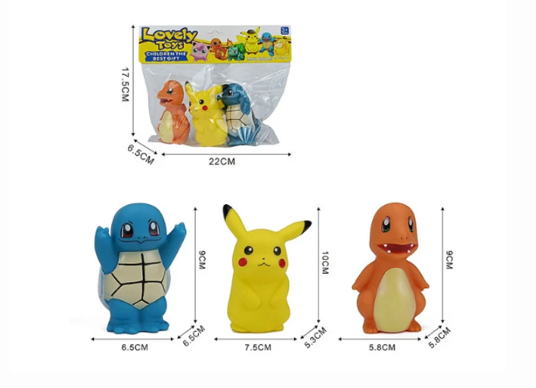 Trzy kolorowe figurki z popularnej serii Pokémon w postaci gumowych zabawek Squirtle, Pikachu oraz Charmander wraz z opakowaniem prezentującym zestaw. Widoczne są wymiary każdej z figurek oraz całego opakowania.