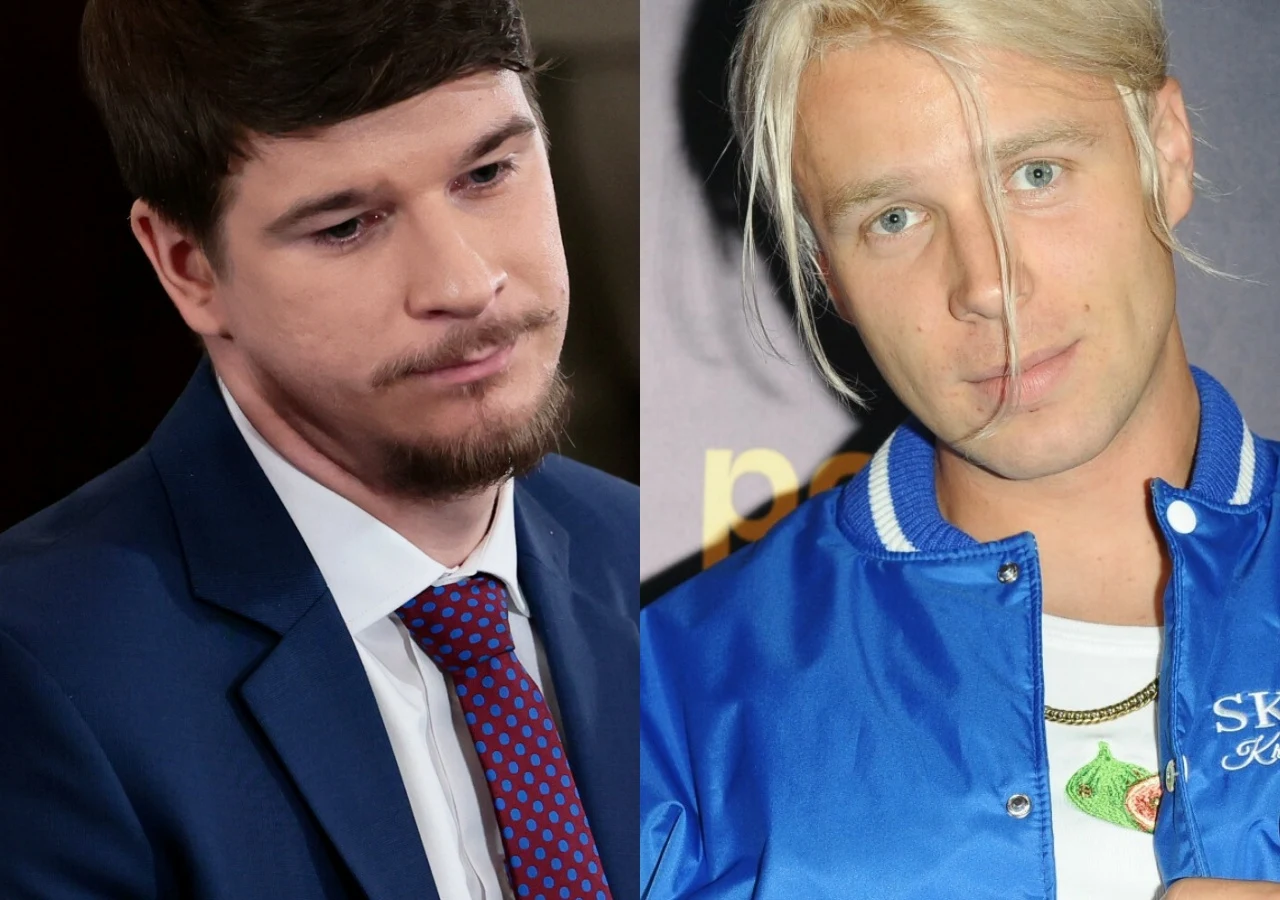 Daniel Nawrocki, Skolim Portret dwóch mężczyzn obok siebie, jeden ubrany formalnie w garnitur z krawatem, drugi w niebieskiej kurtce sportowej i białym t-shircie, z jasnymi włosami częściowo opadającymi na twarz.