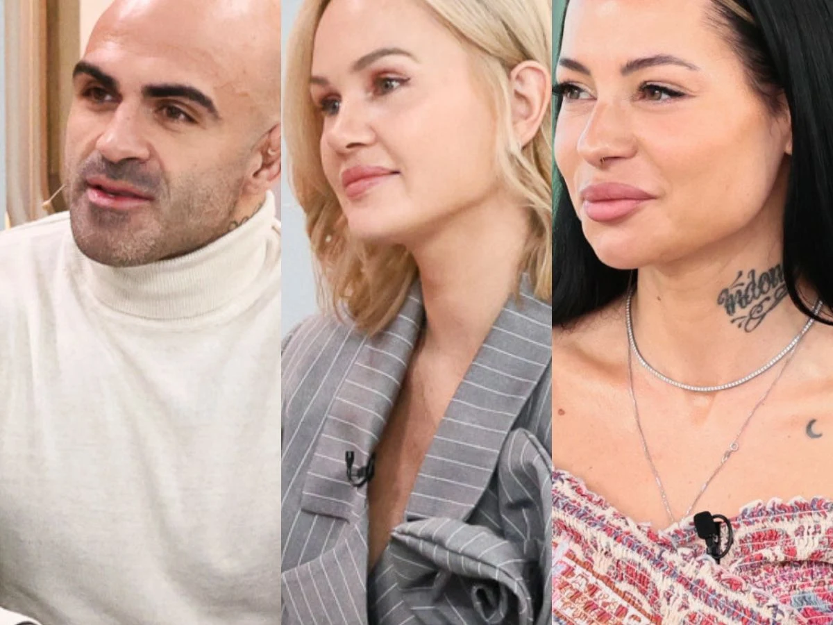 Trzy osoby ustawione obok siebie, każda w innym stylu ubrania, dwie kobiety i jeden mężczyzna, widoczne w zbliżeniu na twarz i górną część sylwetki, jedna z kobiet ma widoczny tatuaż na szyi.