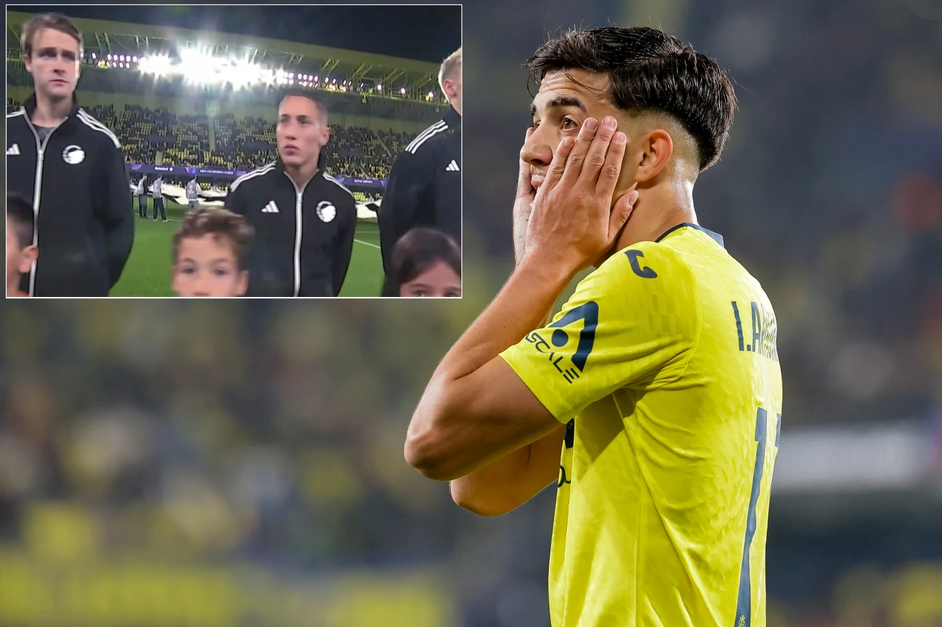 Liga Mistrzów. Przed meczem Villarreal - FC Kopenhaga doszło do nietypowego zdarzenia Piłkarz w żółtej koszulce trzyma dłonie przy twarzy, wyrażając zaskoczenie lub rozczarowanie, w tle stadion pełen widzów. W prawym górnym rogu znajduje się wstawka ze zbliżeniem na zawodników drużyny rywali oraz dzieci stojące przed nimi przed rozpoczę...