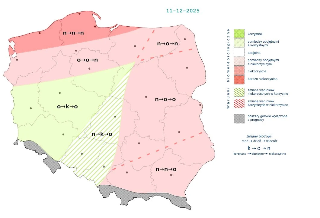 Pogoda przeważnie będzie niekorzystnie wpływać na nasz organizm. Lepiej pod tym względem będzie na południowym zachodzie Kolorowa mapa Polski z podziałem na województwa, prezentująca prognozę biometeorologiczną na dzień 11 grudnia 2025 roku. Różne strefy oznaczone są odcieniami zieleni i czerwieni, ilustrujące korzystne, obojętne lub niekorzystne warunki biometeorologicz...