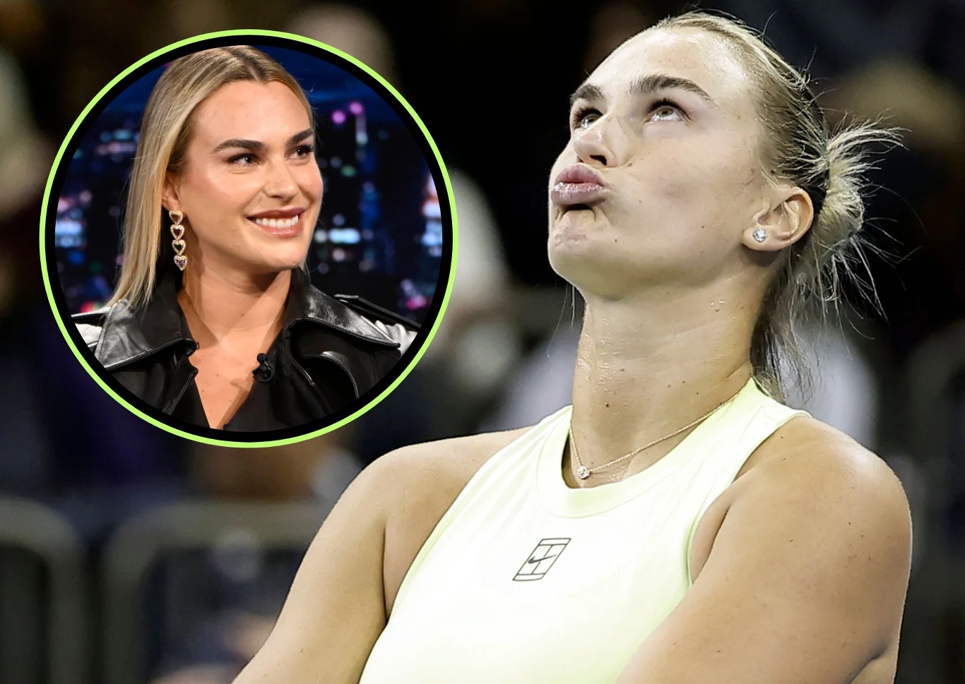 Aryna Sabalenka Dwie ujęcia tej samej kobiety, jedna gra w tenisa na korcie, wyrażając silne emocje, zadzierając głowę i robiąc charakterystyczny grymas ust, drugie to uśmiechnięta twarz tej samej osoby w okrągłym kadrze, najprawdopodobniej zdjęcie z wywiadu telewizyj...