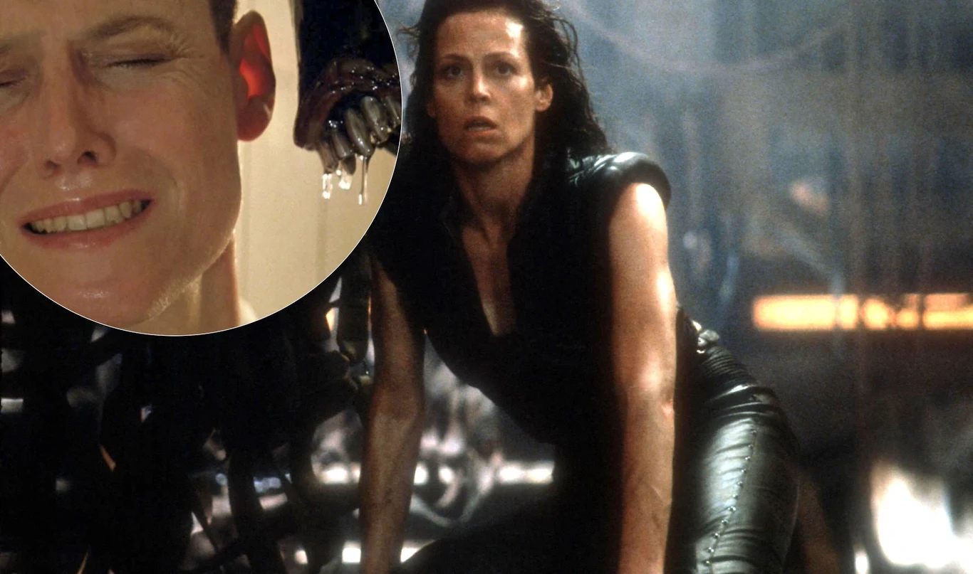 Legenda serii "Obcy" powróci w nowej odsłonie przygodowego "Tomb Raidera"? Kobieta w ciemnym stroju znajduje się w futurystycznym, industrialnym otoczeniu, obok niej widoczna mechaniczna ręka; w lewym górnym rogu powiększenie jej twarzy z wyrazem strachu.