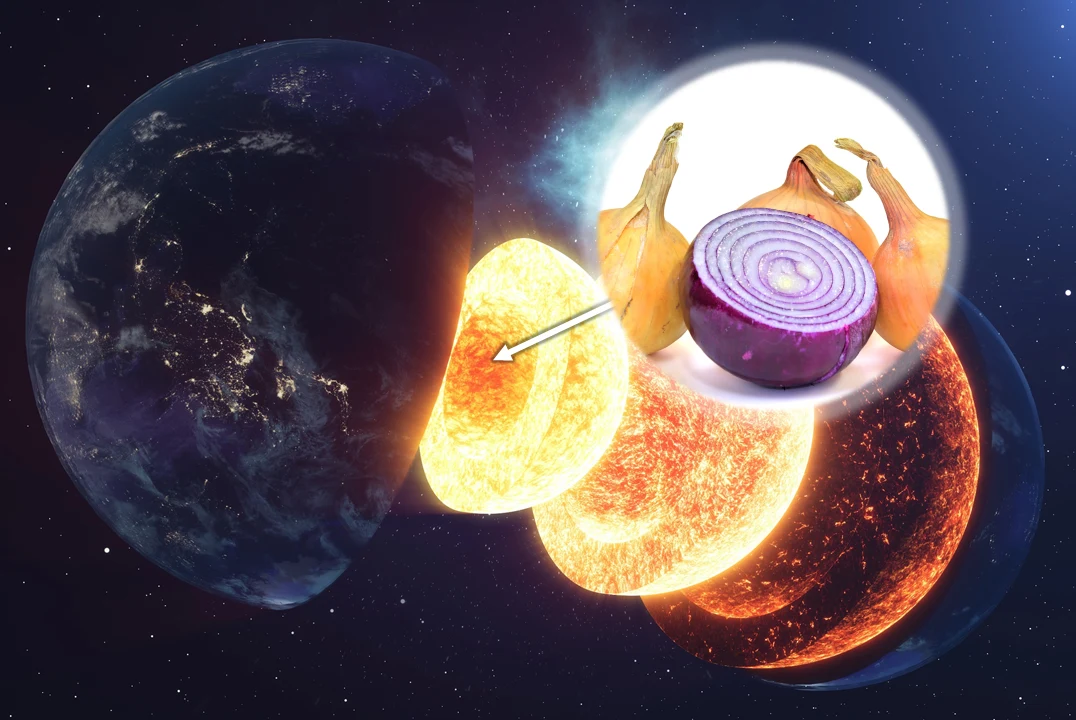 Tego nikt się nie spodziewał. Jądro Ziemi ma warstwy jak cebula Przekrój planety Ziemia z wyeksponowanymi warstwami skorupy ziemskiej, w centrum wstawione jest powiększone przekrojone wnętrze cebuli, wskazujące podobieństwo strukturalne obu obiektów.