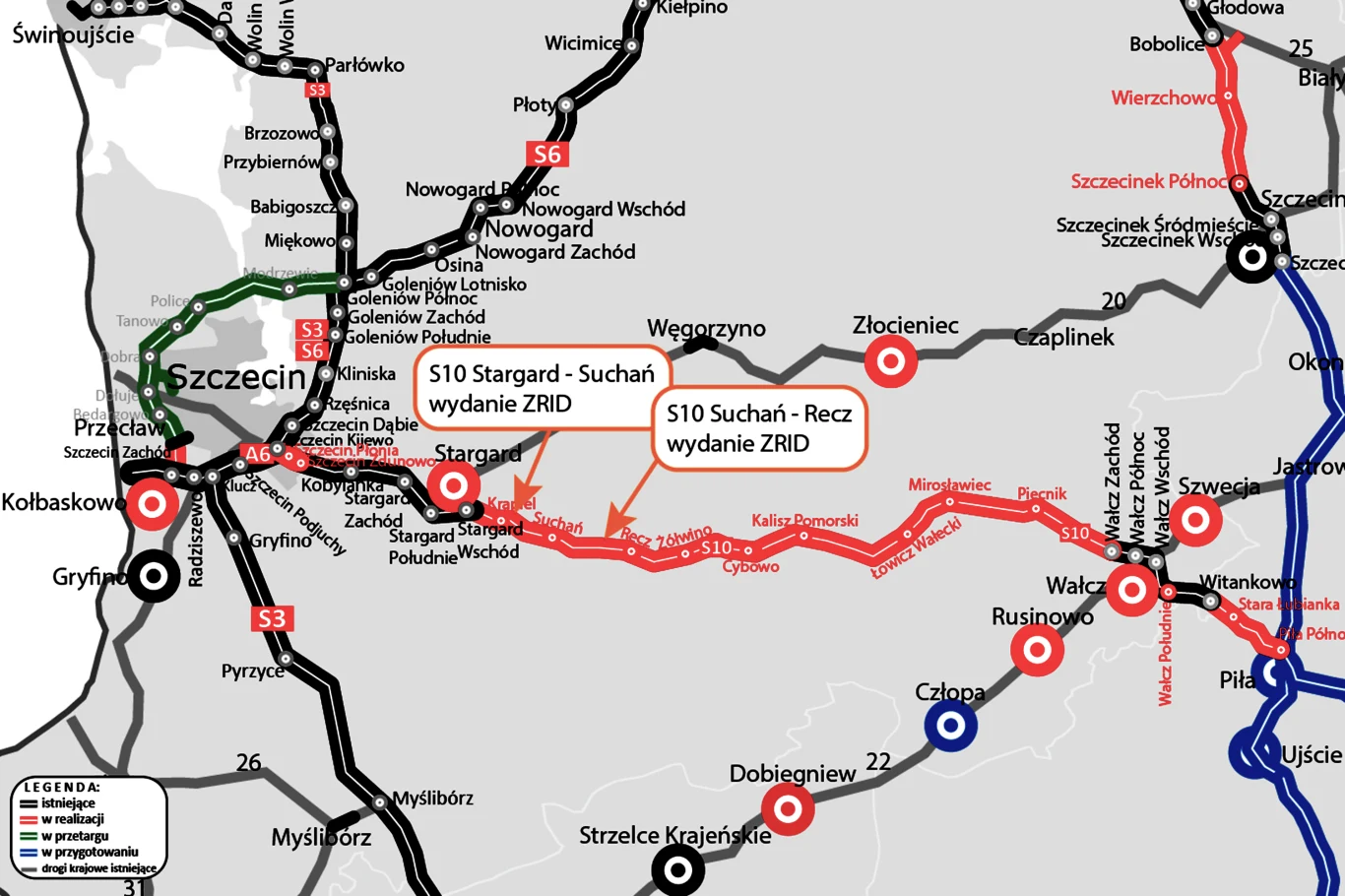 Wkrótce ruszy wyczekiwana budowa. Szybciej do Szczecina Mapa drogowa okolic Szczecina, z wyróżnieniem trasy S10 między Stargardem a Suchaniem, zaznaczonymi stacjami i trasami planowanych i istniejących dróg szybkiego ruchu oraz wybranych miejscowości.