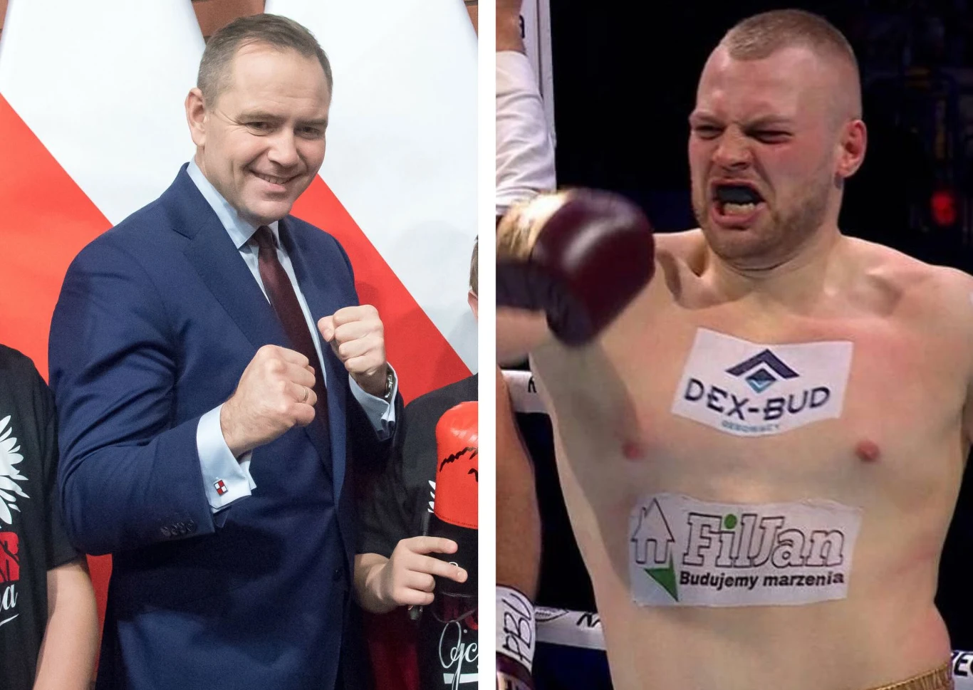 Kacper Meyna zapewnia, że nic się nie zmienia w jego relacjach z prezydentem Karolem Nawrockim. Nadal ma w nim przyjaciela Po lewej stronie mężczyzna w garniturze zaciśniętymi pięściami w geście sportowym, po prawej bokser w ringu z podniesioną ręką, na ciele widoczne reklamy sponsorów.