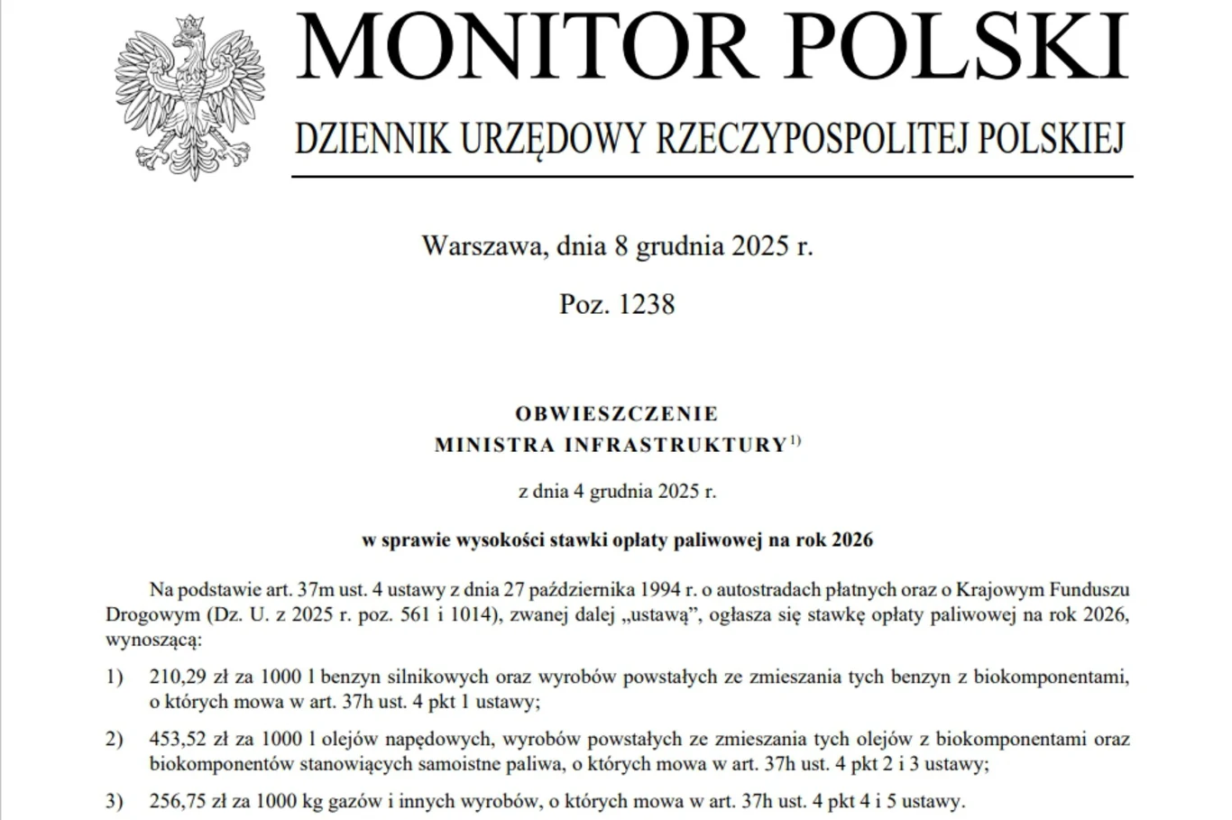 Stawka opłaty paliwowej wzrosła o 4 proc. w stosunku rok do roku Fragment urzędowego dokumentu Monitor Polski informującego o wysokości stawek opłaty paliwowej na rok 2026, zawierający oficjalny tytuł, datę, numer pozycji oraz szczegółowe stawki dotyczące różnych rodzajów paliw silnikowych.