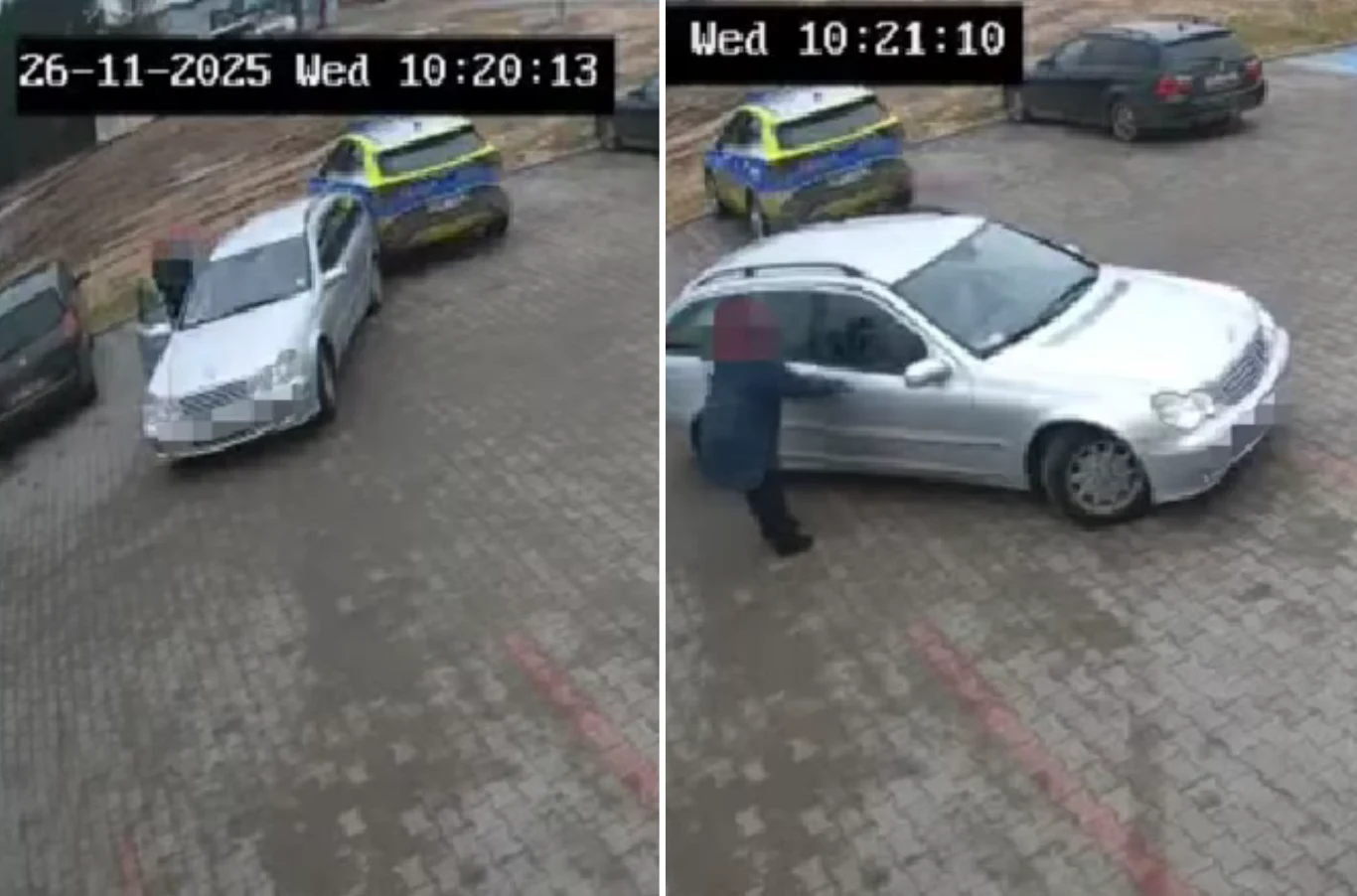 Samochód stoczył się na policyjny radiowóz. Zaskakujące zachowanie kierowcy. Srebrny samochód osobowy zaparkowany na utwardzonym parkingu z widocznym żółto-niebieskim pojazdem policyjnym oraz innym samochodem w tle. Po lewej stronie osoba zbliża się do drzwi kierowcy.