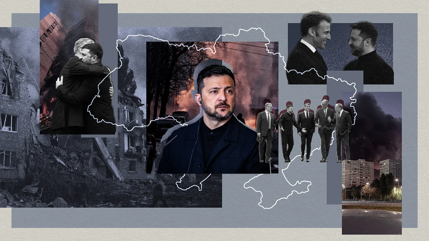 Wołodymyr Zełenski i Ukraina stoją na rozdrożu. Grafika: Aleksandra Włodarczyk Centralna postać to prezydent Ukrainy na tle mapy kraju, wokół którego znajdują się zdjęcia przedstawiające zniszczone budynki, spotkania dyplomatyczne oraz sylwetki światowych przywódców, całość utrzymana w poważnej, dramatycznej kolorystyce.