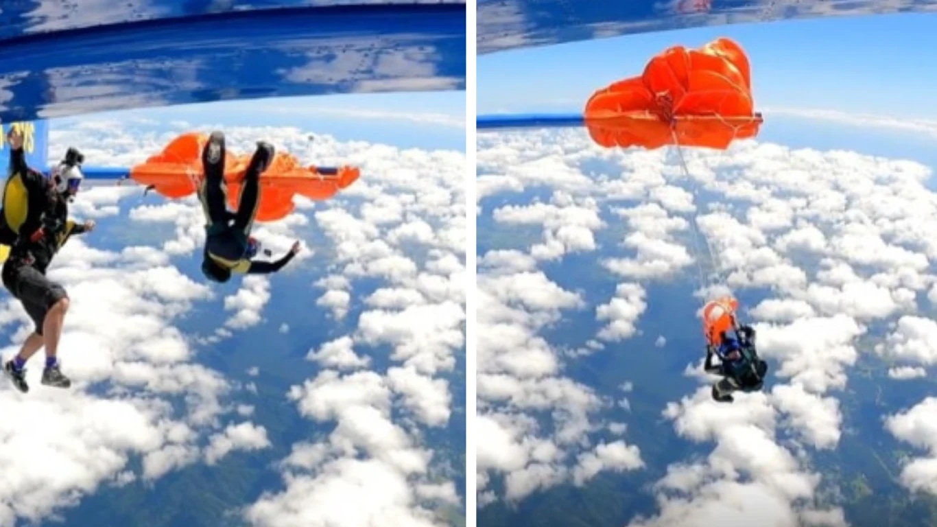 Australia. Spadochroniarz zawisł na samolocie Dwóch skoczków spadochronowych wyskakuje z samolotu na dużej wysokości, unosząc się nad chmurami. Jeden z nich ma już częściowo otwarty pomarańczowy spadochron, a w tle widać rozległe niebo i warstwę chmur.