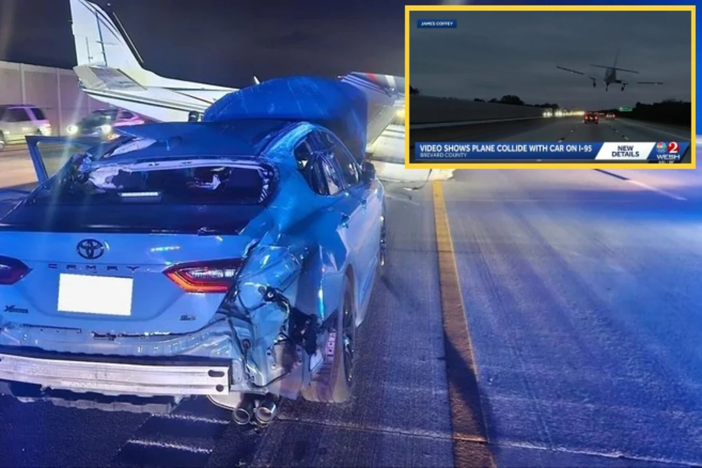 Kierująca Toyotą Camry miała dużo szczęścia, że lądujący samolot nie wyrządził jej większej krzywdy Uszkodzony samochód osobowy marki Toyota, który został uderzony przez mały samolot widoczny w tle, na autostradzie nocą; w rogu ekranu znajduje się wstawka z nagraniem dokumentującym moment kolizji.