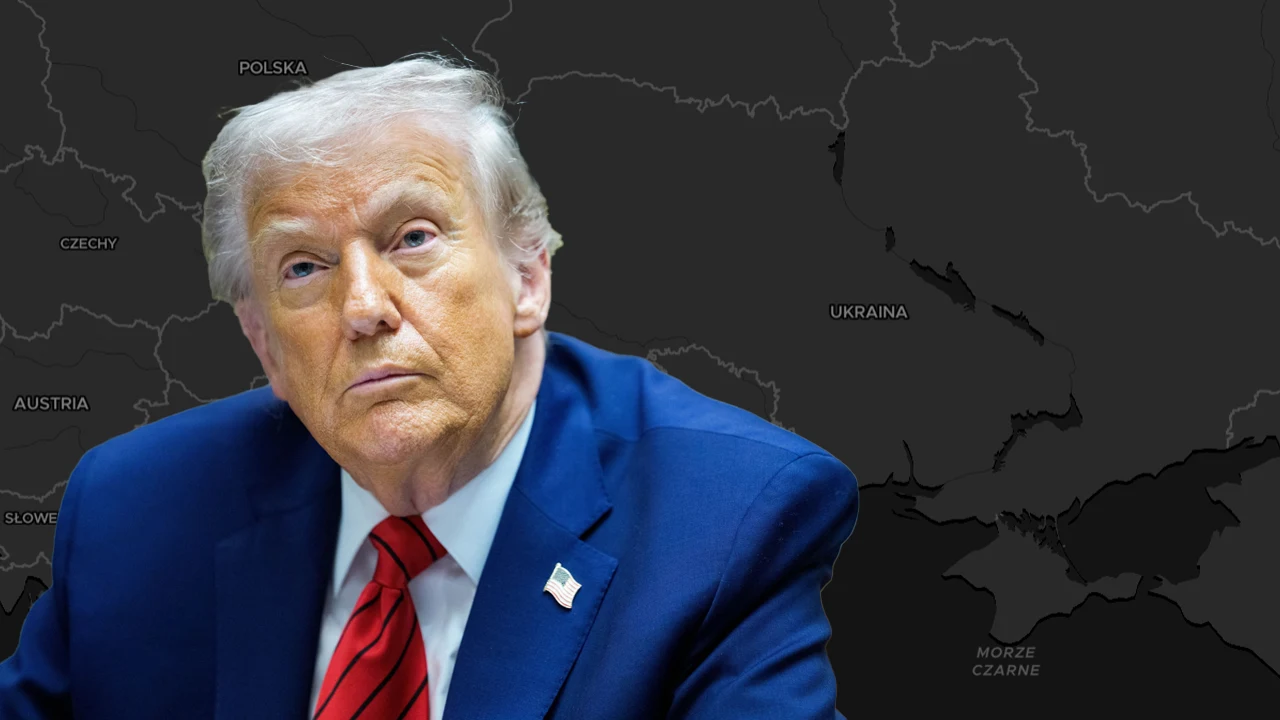 Nowa wersja planu pokojowego dla Ukrainy Starszy mężczyzna w granatowym garniturze, białej koszuli i czerwonym krawacie na tle mapy Europy Wschodniej, z wyeksponowanym fragmentem Ukrainy, Polski i okolicznych państw.