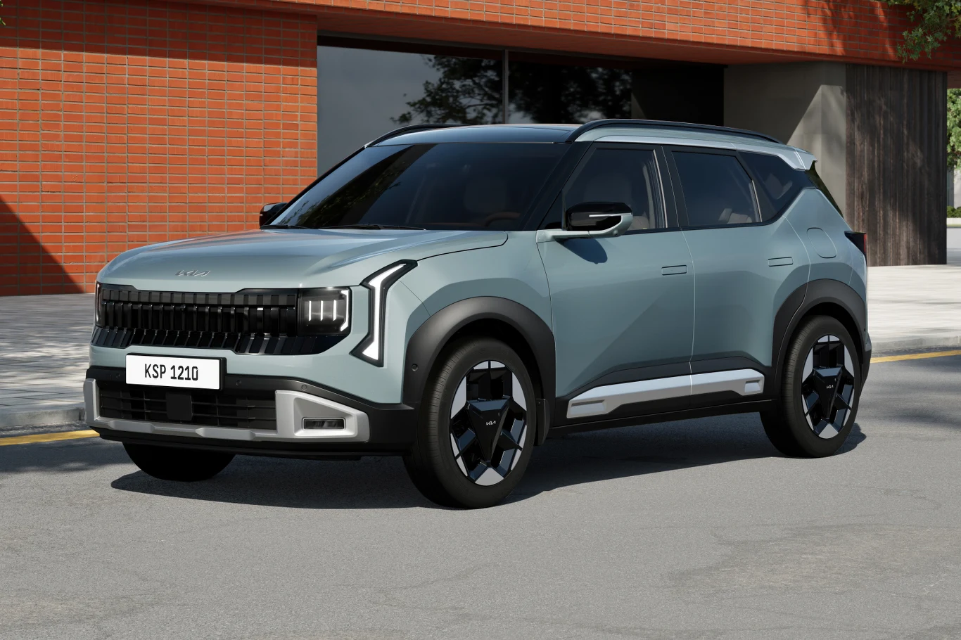 Choć wymiarami najbliżej jej do Niro, Kia Seltos celuje w innego klienta Nowoczesny SUV o matowym, jasnozielonym kolorze nadwozia stoi zaparkowany przy ulicy. Czarne i srebrne felgi, charakterystyczny design reflektorów LED, minimalistyczna stylistyka oraz dobrze widoczna tablica rejestracyjna KSP 1210. Tło stanowi ceglana ...